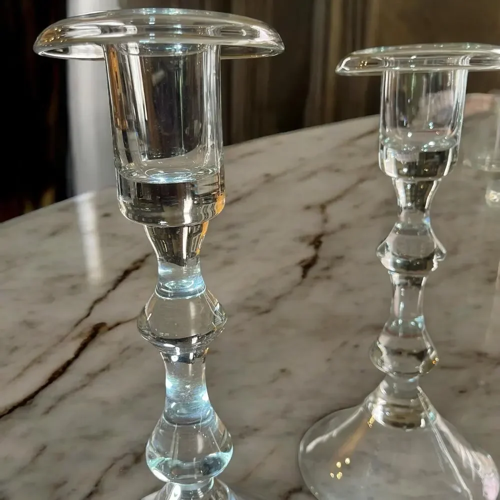 Vtg. Pair Baluster Clear Crystal Candlestick Holders 9.75” Tall 1.5” Candle Cup